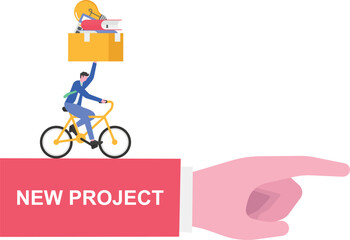 A businessman runs carrying a stack of books, following an arrow labeled NEW PROJECT
