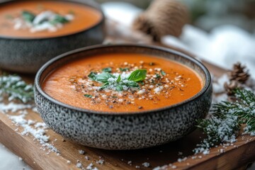 bowls of roasted tomato soup with herbs and parmesan.