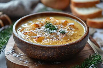 Bowl of soup with bread and spoon.