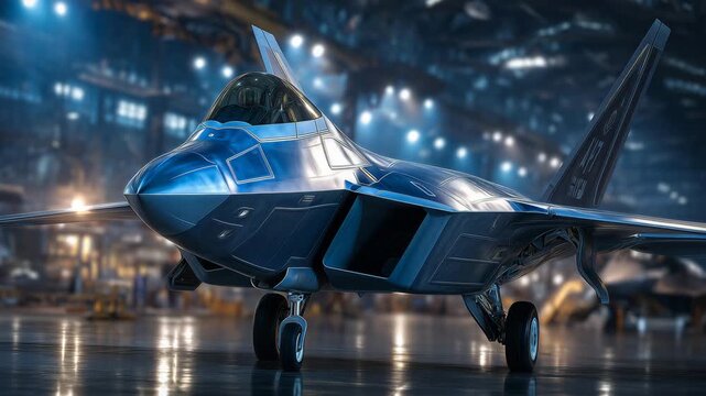 9Fighter jet nose angled dramatically, hangar illuminated in deep blue tones, polished floor reflecting sharp lines of aircraft, high-resolution photo realism