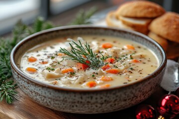 Bowl of soup with bread and spoon.