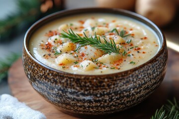 Bowl of soup with potatoes and herbs.