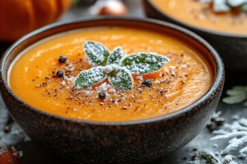 Bowl of pumpkin soup with sage garnish.