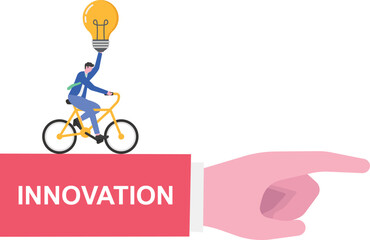 A businessman runs following a lamp and an arrow labeled INNOVATION,

