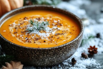 Bowl of pumpkin soup garnished with a sprinkle of cinnamon and spice.