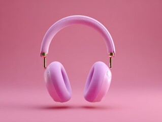 Pink Modern Wireless Headphones with Gold Accents Floating against a Monochromatic Pastel Background, Minimalist Over-Ear Design for Fashion-Conscious Audio Lovers