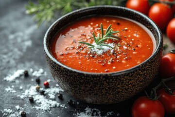 Bowl of tomato soup topped with fresh herbs and salt.