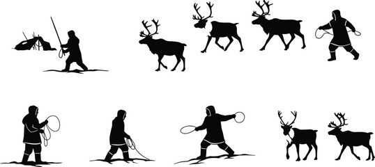 Traditional reindeer herding in snowy Arctic landscape, herder guiding reindeer with rope, winter survival lifestyle and northern cultural heritage concept
