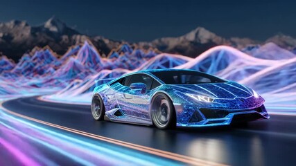 13Car of the future rendered in striking digital style, surrounded by cascading waves of neon light, glowing geometric shapes highlighting speed - Powered by Adobe