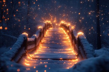 Snowy path illuminated by lights