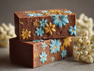 Two Artisan Soap Bars Floral Embossed Design Handcrafted Skincare Natural Ingredients Botanical Decoration Decorative Cleanse Items Aromatic Personal Care Products Eco-Friendly 