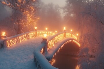 Snow-covered bridge illuminated with lights.