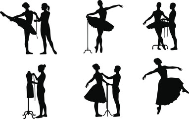 Obraz premium Ballet dancer fitting and costume adjustment with tailor, ballerina preparation before stage performance, elegant dance fashion design and art concept