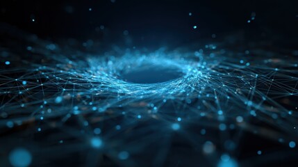 abstract digital network with a glowing blue core symbolizing data flow and advanced technology