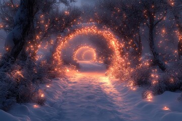 Snow-covered path illuminated by lights.