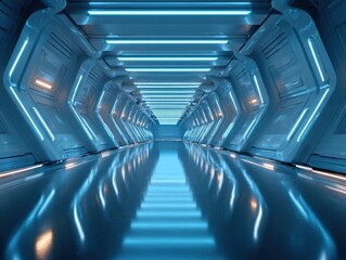 Cyberpunk Corridor with Geometric Design and Neon Lighting Reflective Floor Futuristic Architecture Hallway Technology Background