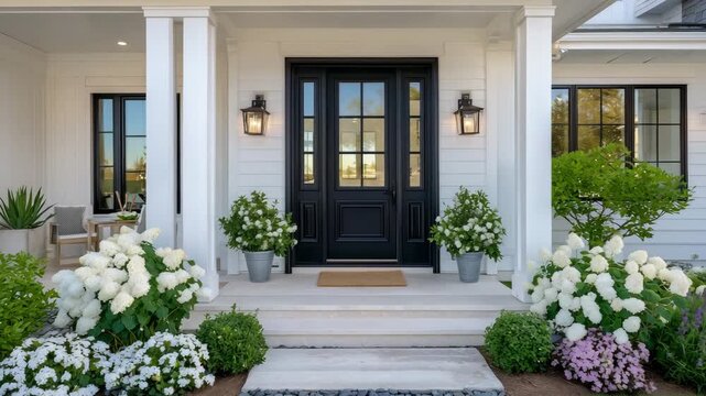23Black farmhouse front door with decorative paneling, surrounded by pristine white siding, flanked by white columns and sleek metal sconce lights