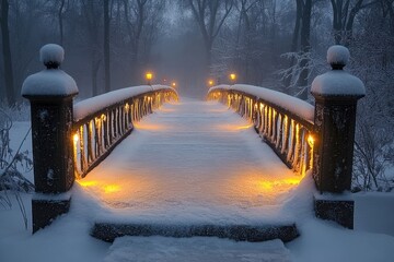 Snow-covered bridge with twinkling lights.