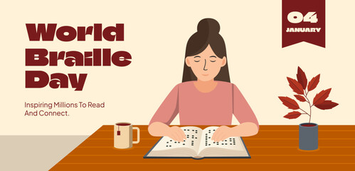 World Braille Day Inspiring Reading and Connection. Banner and social media post