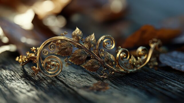 intricate golden ornament rests on dark wood autumn leaves blurred in background sunlight highlights details creating a warm autumnal scene  generative ai