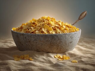 Inviting Gold Cornflakes Overflowing in Rustic Stone Bowl with Wooden Spoon on Glistening Sandy Surface Warmly Lit Against Soft Gradient Backdrop Tempting Breakfast