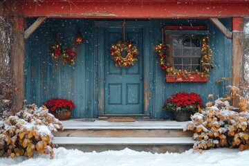 Blue door with wreath.