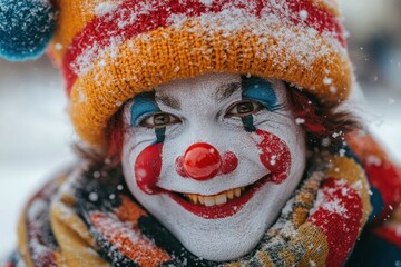 Clown with red nose and yellow hat.