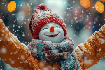 Snowman in red hat and scarf, arms outstretched.