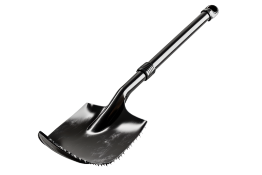Modern black metal garden shovel with serrated edge, cut out transparent