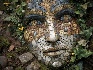 Intricate mosaic face sculpture emerging from verdant moss and ivy, nature's embrace, organic art blending with forest, ancient stone face with colorful tiles, mystical forest guardian