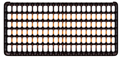 Textured dark metal grid with glowing orange elements, cut out transparent