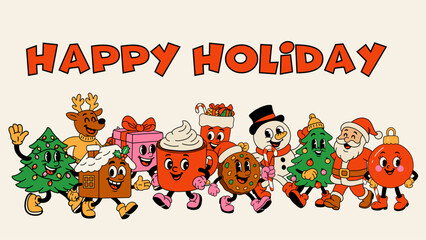 Cute Christmas Characters Walking Together with Happy Holiday Text
