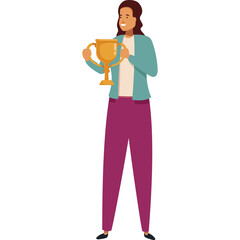 A Woman Holding a Golden Trophy With a Smile and Light Blue Jacket and Purple Pants and Isolated In White Background