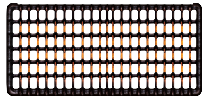 Textured dark metal grid with glowing orange elements, cut out transparent