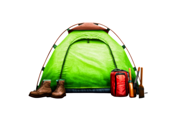 Green camping tent with hiking boots and red backpack, cut out transparent
