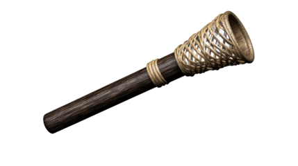 Wooden torch with woven grip and metal accents, cut out transparent