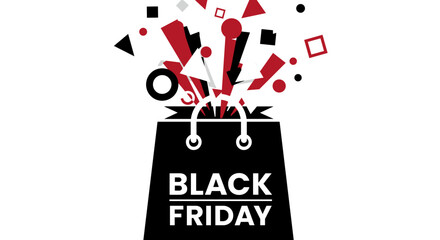 Black Friday shopping bag graphic representing explosive commercial deals and discounts