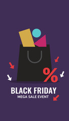 Black Friday Mega Sale Event Shopping bag with discount percent sign and geometric shapes