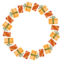 Festive round frame with yellow and red gift boxes. Watercolor illustration is perfect for prints, cards, and decor.