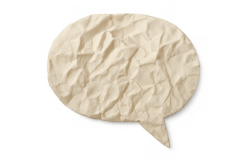 Crumpled paper speech bubble communicating message, having textured blank space for text on transparent background