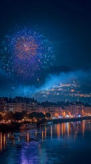 Fireworks Illuminate the Night Sky Over a River Town During Festive Celebration