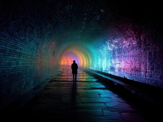 Solitary figure walks through long dark tunnel, walls bathed in gradient of glowing iridescent lights, creating captivating display along architectural passage
