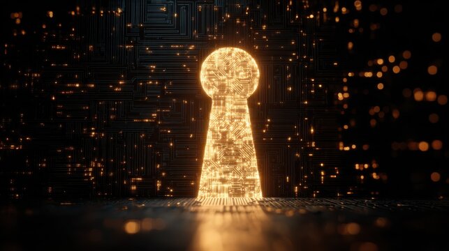 a conceptual image of a glowing digital circuit board visible through a keyhole  representing cybersecurity  data access  digital privacy  hacking  and unlocking technological secrets - Powered by Adobe