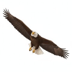 Fototapeta premium Majestic Bald Eagle Soaring with Wings Extended Against a Pure White Background Symbolizing