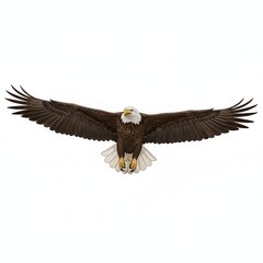 Fototapeta premium Majestic bald eagle soaring with wings spread wide against a pristine white background showcasing