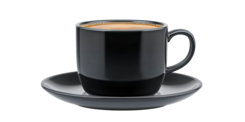Black mug of hot coffee on saucer against soft blue sky, cut out transparent