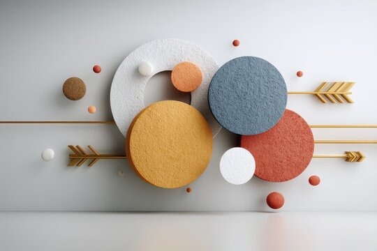 Abstract composition of colorful circles, spheres, gold arrows, and a white ring against a pale grey backdrop for a modern geometric design - Powered by Adobe