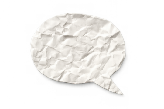 Crumpled white paper speech bubble showing communication problem, message, and dialogue with transparent background