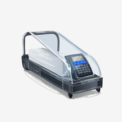 Modern digital device illustration on wheels with screen and buttons copy space