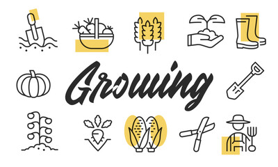 Growing poster. Growing poster design with farming icons. Seedling, Shovel, Corn, Farmer, Pumpkin icons. Simple poster for presentations, covers. Banner template. Vector illustration.